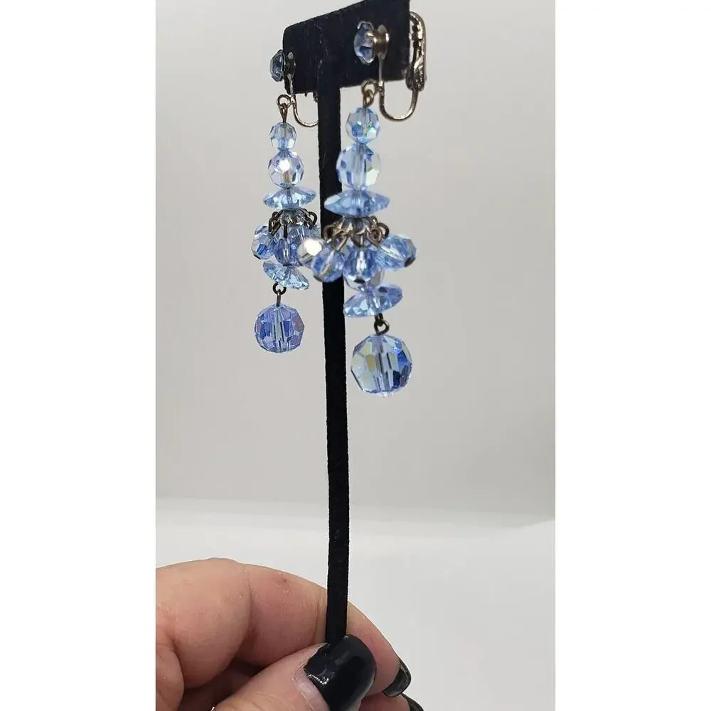 Vintage Earrings Blue Crystal & Rhinestone Dramatic Long Dangle Chacha Clip On